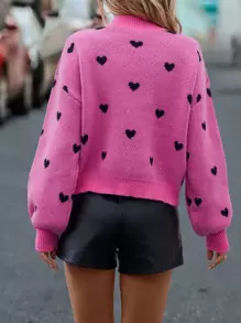EMERY ROSE Heart Pattern Mock Neck Drop Shoulder Jumper - Hot Pink - View 2