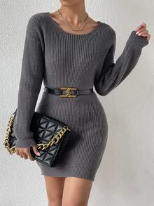 SHEIN Privé Twist Cut Out Back Drop Shoulder Jumper Dress Without Belt - Dark Grey - View 4