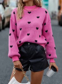 EMERY ROSE Heart Pattern Mock Neck Drop Shoulder Jumper - Hot Pink - View 4