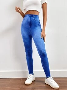 Elastic Waist Jeggings - Blue - View 1