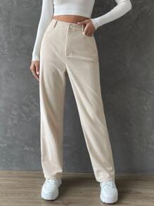 SHEIN EZwear 高腰燈芯絨長褲 - 杏色 - 查看 5