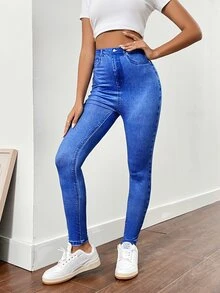 Elastic Waist Jeggings - Blue - View 3