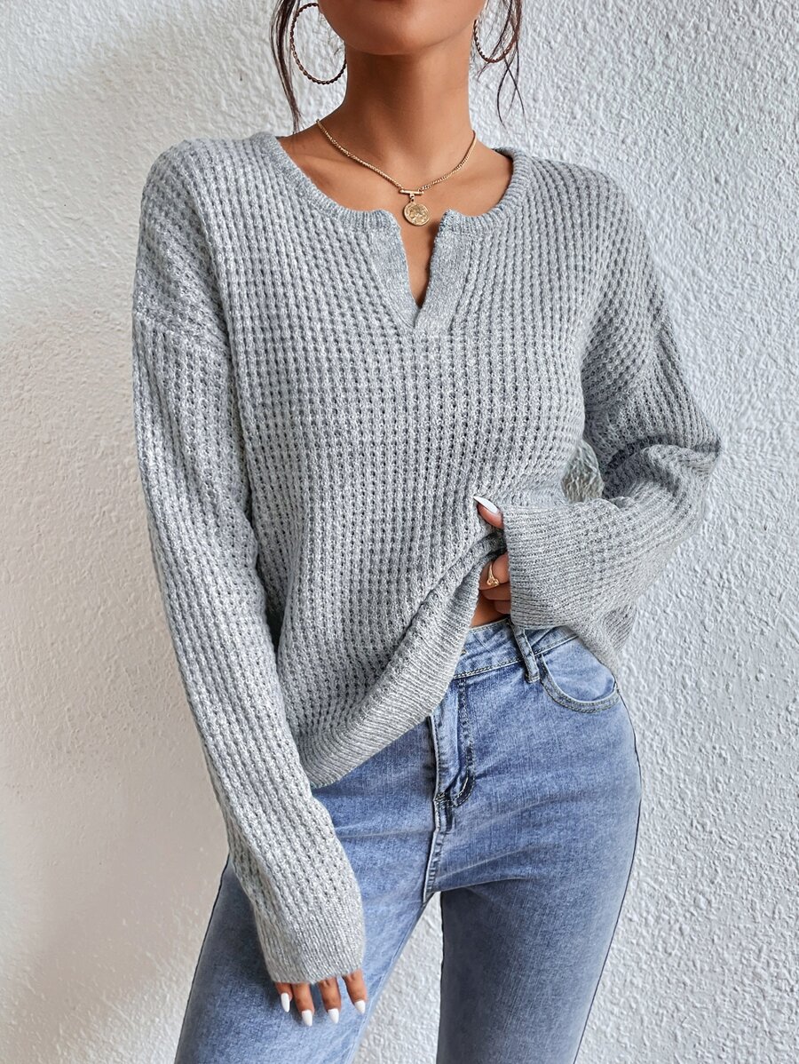 SHEIN Frenchy Notched Neck Drop Shoulder Sweater In Fall/Winter - Light Grey - View 1