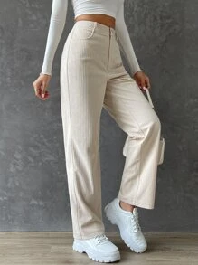 SHEIN EZwear 高腰燈芯絨長褲 - 杏色 - 查看 4