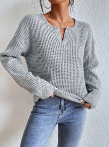SHEIN Frenchy Notched Neck Drop Shoulder Sweater In Fall/Winter - Light Grey - View 5