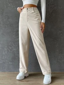 SHEIN EZwear 高腰燈芯絨長褲 - 杏色 - 查看 3