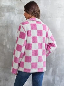 Plaid Pattern Lapel Neck Flannel Coat - Pink - View 2
