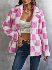 Plaid Pattern Lapel Neck Flannel Coat - Pink - View 4