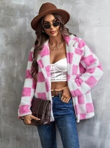 Plaid Pattern Lapel Neck Flannel Coat - Pink - View 5
