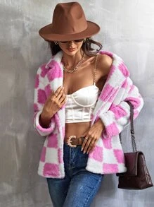 Plaid Pattern Lapel Neck Flannel Coat - Pink - View 6