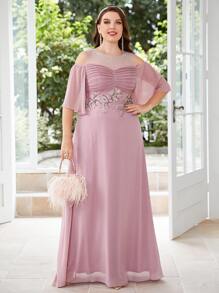 SHEIN Belle 大碼水鑽細節貼花挖肩褶邊超長伴娘連衣裙 - 藕粉色 - 查看 4