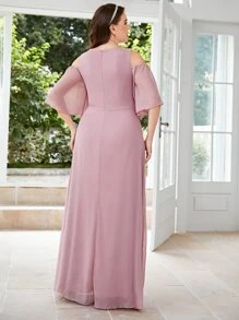 SHEIN Belle 大碼水鑽細節貼花挖肩褶邊超長伴娘連衣裙 - 藕粉色 - 查看 3