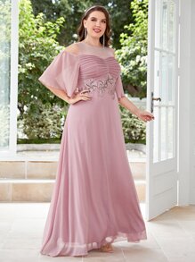 SHEIN Belle 大碼水鑽細節貼花挖肩褶邊超長伴娘連衣裙 - 藕粉色 - 查看 6