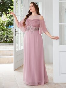 SHEIN Belle 大碼水鑽細節貼花挖肩褶邊超長伴娘連衣裙 - 藕粉色 - 查看 7