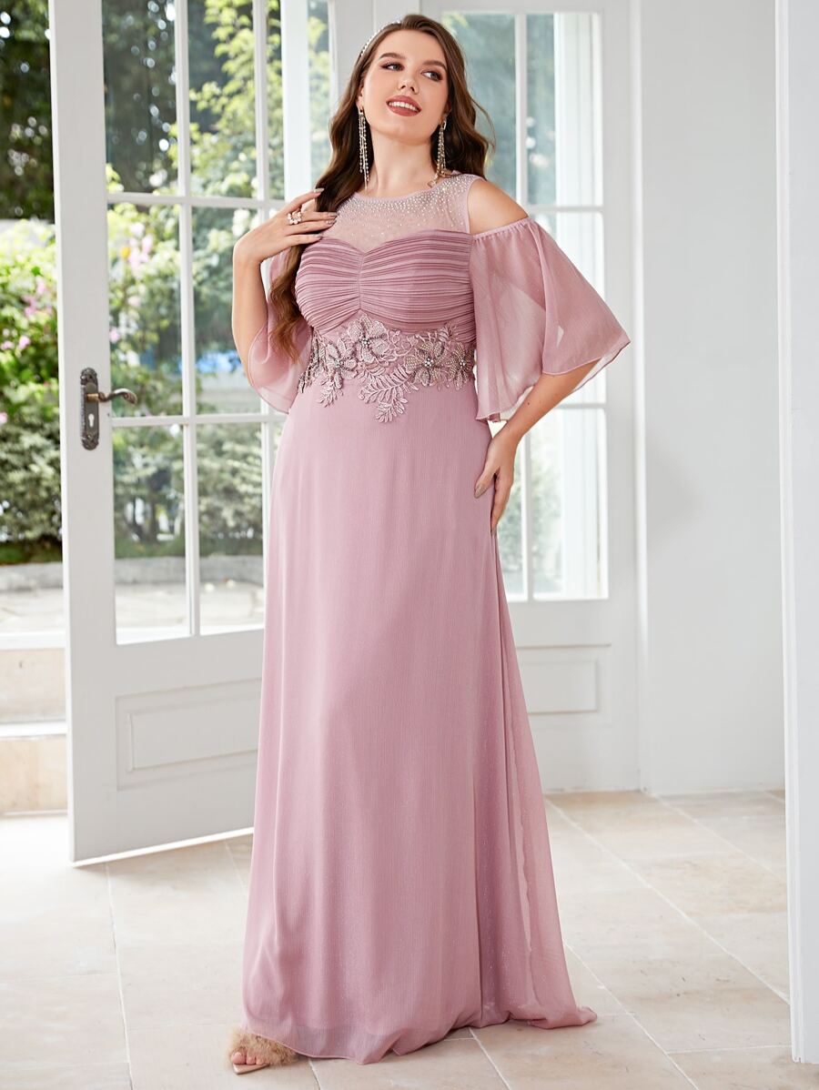 SHEIN Belle 大碼水鑽細節貼花挖肩褶邊超長伴娘連衣裙 - 藕粉色 - 查看 1