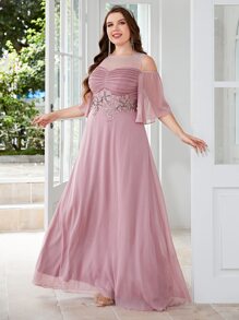 SHEIN Belle 大碼水鑽細節貼花挖肩褶邊超長伴娘連衣裙 - 藕粉色 - 查看 5