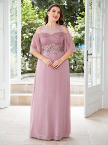 SHEIN Belle 大碼水鑽細節貼花挖肩褶邊超長伴娘連衣裙 - 藕粉色 - 查看 8