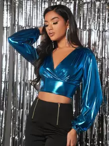 SHEIN BAE Surplice Neck Lantern Sleeve Crop Top - Blue - View 1