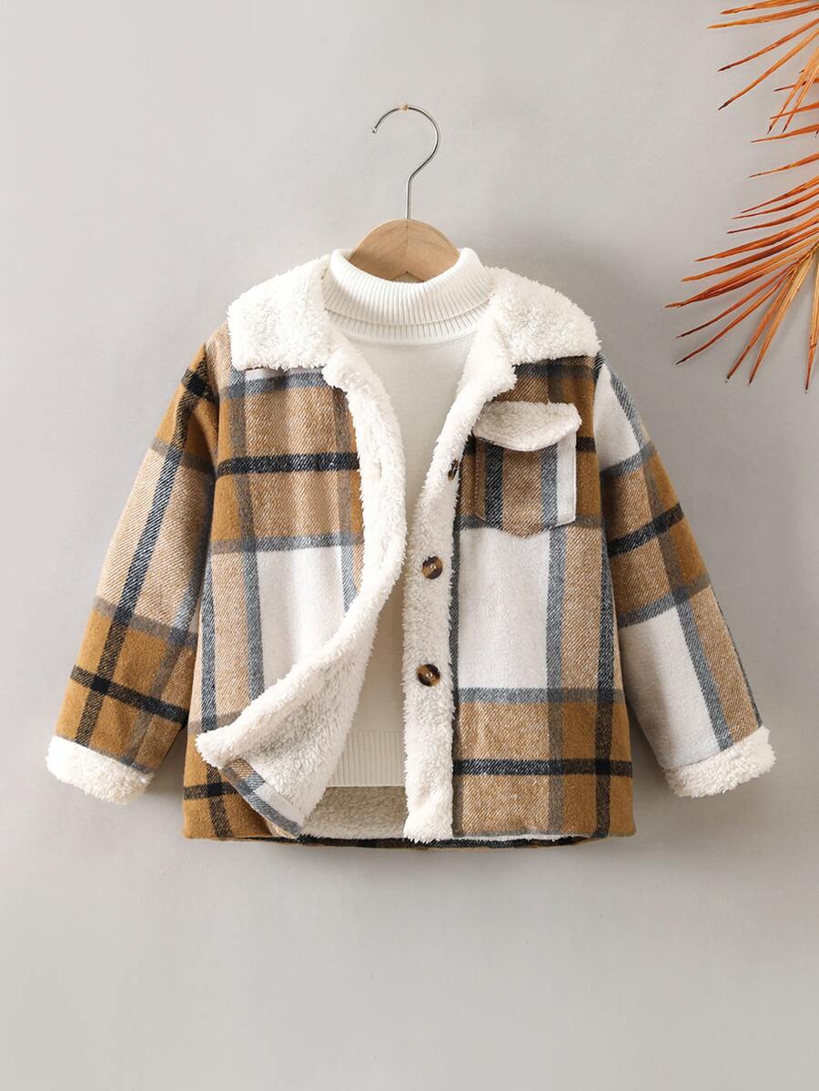 SHEIN 青少年男孩1件格紋帶蓋口袋毛絨內襯大衣