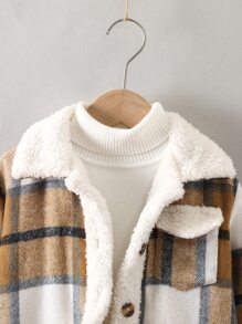 SHEIN 青少年男孩1件格紋帶蓋口袋毛絨內襯大衣