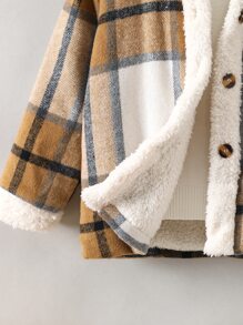 SHEIN 青少年男孩1件格紋帶蓋口袋毛絨內襯大衣