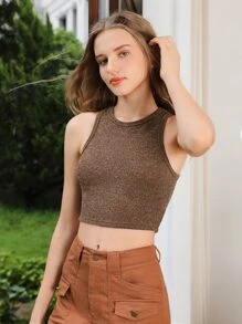 SHEIN MOD Rib-knit Crop Tank Top - Coffee Brown - View 1