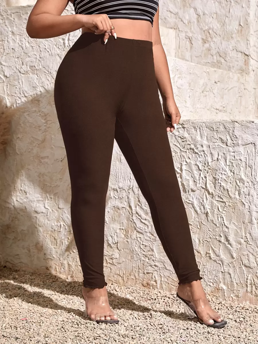 SHEIN Essnce Plus Solid High Waist Lettuce Trim Leggings Spring To Summer - Chocolate Brown - View 1