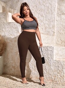SHEIN Essnce Plus Solid High Waist Lettuce Trim Leggings Spring To Summer - Chocolate Brown - View 5