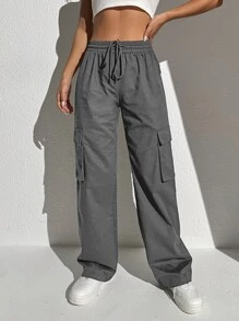 Muchica Quần nữ Dây kéo Túi màu trơn Giải trí - Xám - Xem 4