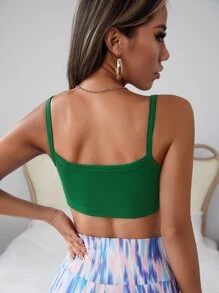 SHEIN PETITE Solid Ribbed Knit Crop Cami Top - Dark Green - View 3