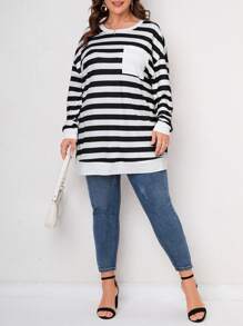 SHEIN LUNE Áo thun Plus size Túi Sọc Giải trí - Đen và trắng - Xem 4