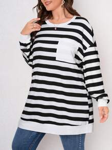 SHEIN LUNE Áo thun Plus size Túi Sọc Giải trí - Đen và trắng - Xem 5