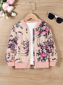 Toddler Girls Floral Print Bomber Jacket Without Tee - Apricot - View 1