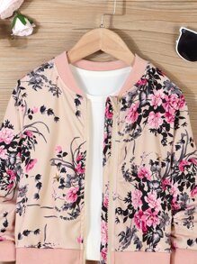 Toddler Girls Floral Print Bomber Jacket Without Tee - Apricot - View 3