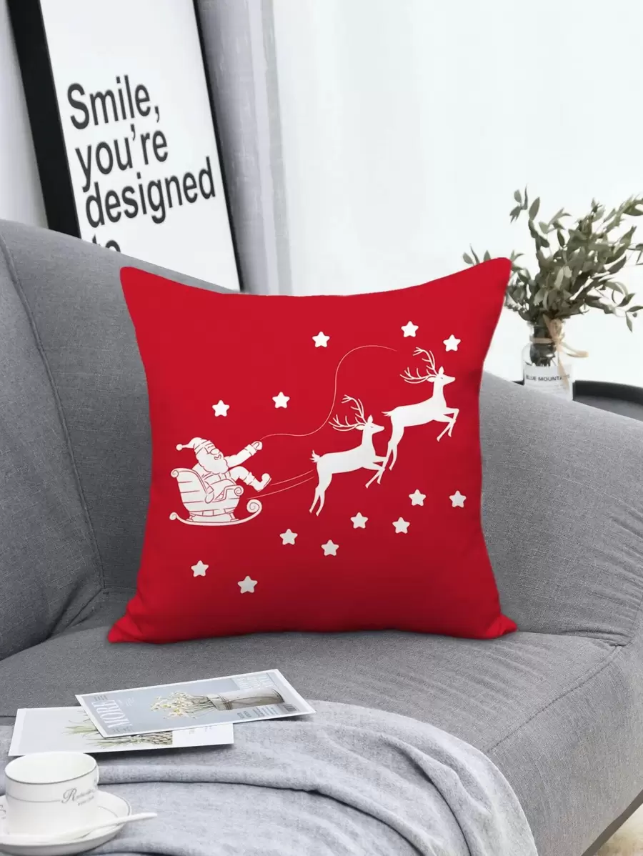 1pc Christmas Elk & Santa Print Cushion Cover Without Filler