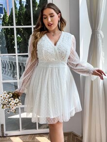 Simplee Plus Size Women's Summer New Solid Color Lace Mesh Sweet V-Neck Long Sleeve Dress, Suitable For Music Festivals, Wedding Guests - White - View 3