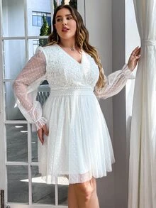 Simplee Plus Size Women's Summer New Solid Color Lace Mesh Sweet V-Neck Long Sleeve Dress, Suitable For Music Festivals, Wedding Guests - White - View 4