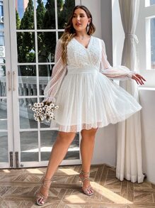 Simplee Plus Size Women's Summer New Solid Color Lace Mesh Sweet V-Neck Long Sleeve Dress, Suitable For Music Festivals, Wedding Guests - White - View 1