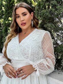 Simplee Plus Size Women's Summer New Solid Color Lace Mesh Sweet V-Neck Long Sleeve Dress, Suitable For Music Festivals, Wedding Guests - White - View 6
