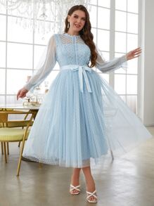 Simplee Plus Size Romantic Lace Patchwork Polka Dot Mesh Dress, Suitable For Wedding Guest, 4th Of July, Birthday - Baby Blue - View 2