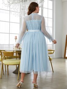 Simplee Plus Size Romantic Lace Patchwork Polka Dot Mesh Dress, Suitable For Wedding Guest, 4th Of July, Birthday - Baby Blue - View 3