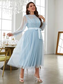 Simplee Plus Size Romantic Lace Patchwork Polka Dot Mesh Dress, Suitable For Wedding Guest, 4th Of July, Birthday - Baby Blue - View 4