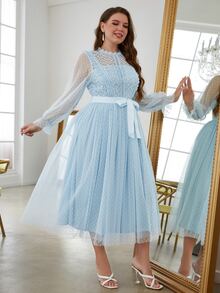 Simplee Plus Size Romantic Lace Patchwork Polka Dot Mesh Dress, Suitable For Wedding Guest, 4th Of July, Birthday - Baby Blue - View 5