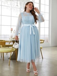 Simplee Plus Size Romantic Lace Patchwork Polka Dot Mesh Dress, Suitable For Wedding Guest, 4th Of July, Birthday - Baby Blue - View 6