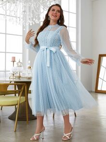 Simplee Plus Size Romantic Lace Patchwork Polka Dot Mesh Dress, Suitable For Wedding Guest, 4th Of July, Birthday - Baby Blue - View 7
