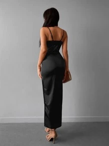 RueChic Bodycon Ruched Spaghetti Straps Dress With Underwire Detail And Slit - Black - View 2