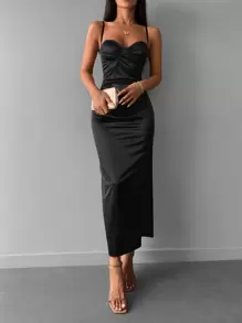 RueChic Bodycon Ruched Spaghetti Straps Dress With Underwire Detail And Slit - Black - View 3