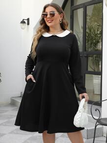 Đầm Plus Size Túi Tương phản ren Khối Màu Thanh lịch - màu đen - Xem 1