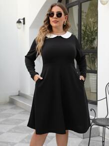 Đầm Plus Size Túi Tương phản ren Khối Màu Thanh lịch - màu đen - Xem 3