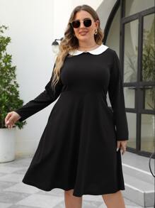 Đầm Plus Size Túi Tương phản ren Khối Màu Thanh lịch - màu đen - Xem 4